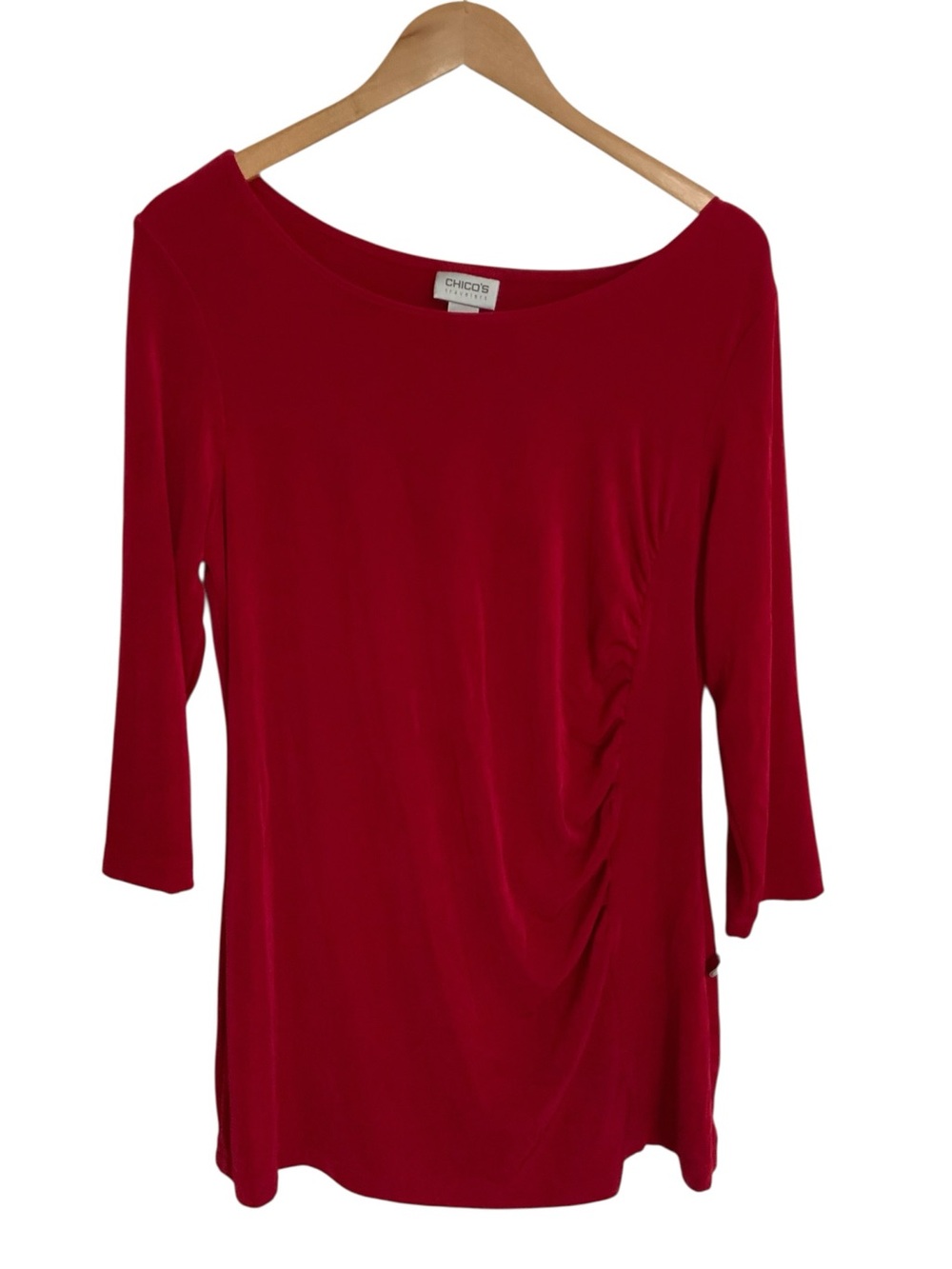 Chico's Travelers Crimson Rushed 3/4 Sleeve Boatneck Top Large